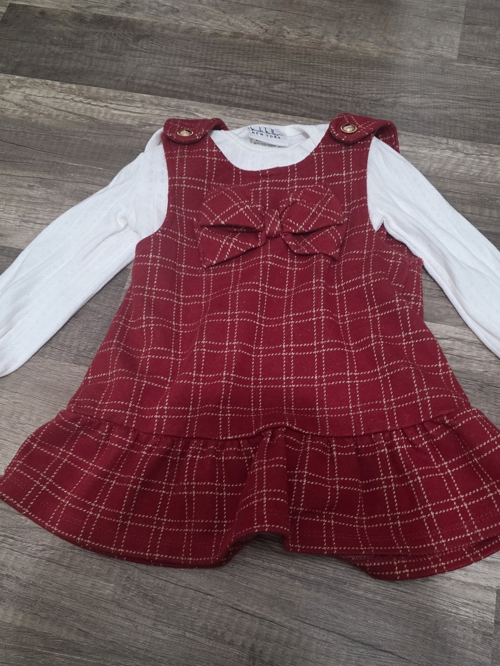Nicole Miller Red Plaid Jumper Dress with White Long Sleeve Top